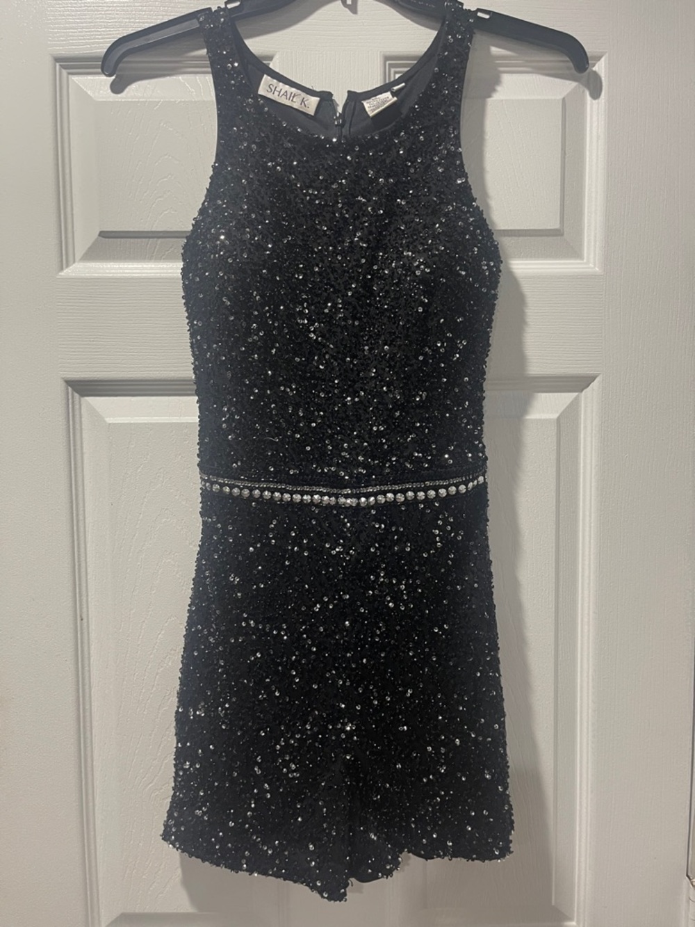 Shail K Black Beaded Cocktail Romper with Rhinestone Waist